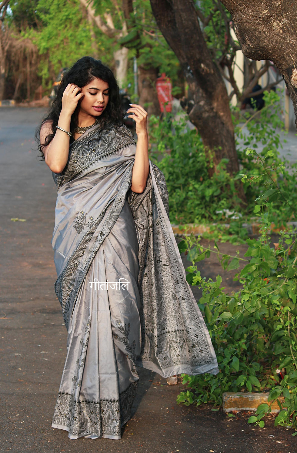 Thumbnail: Penaaz : Grey handpainted madhubani Bangalore silk saree with twin peacocks