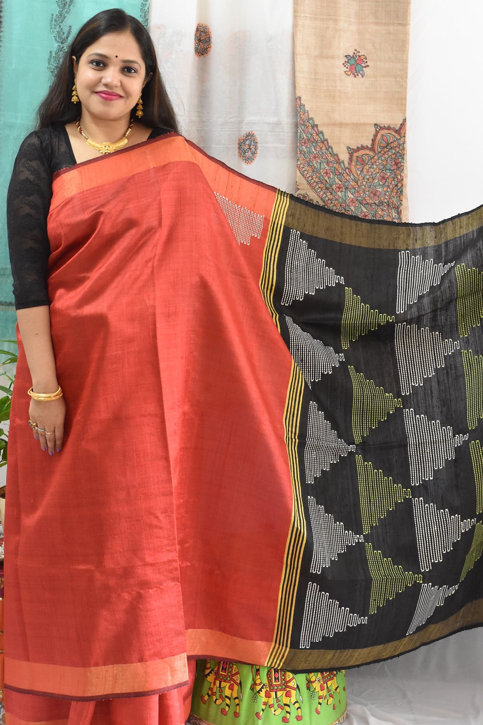 Thumbnail: Noboborsho : Red & Black handwoven Dupion Silk Saree