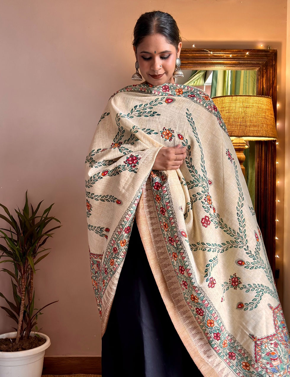 Thumbnail: Geetanjali 'Kaali Bindi' Handpainted Madhubani Khadi cotton Dupatta 