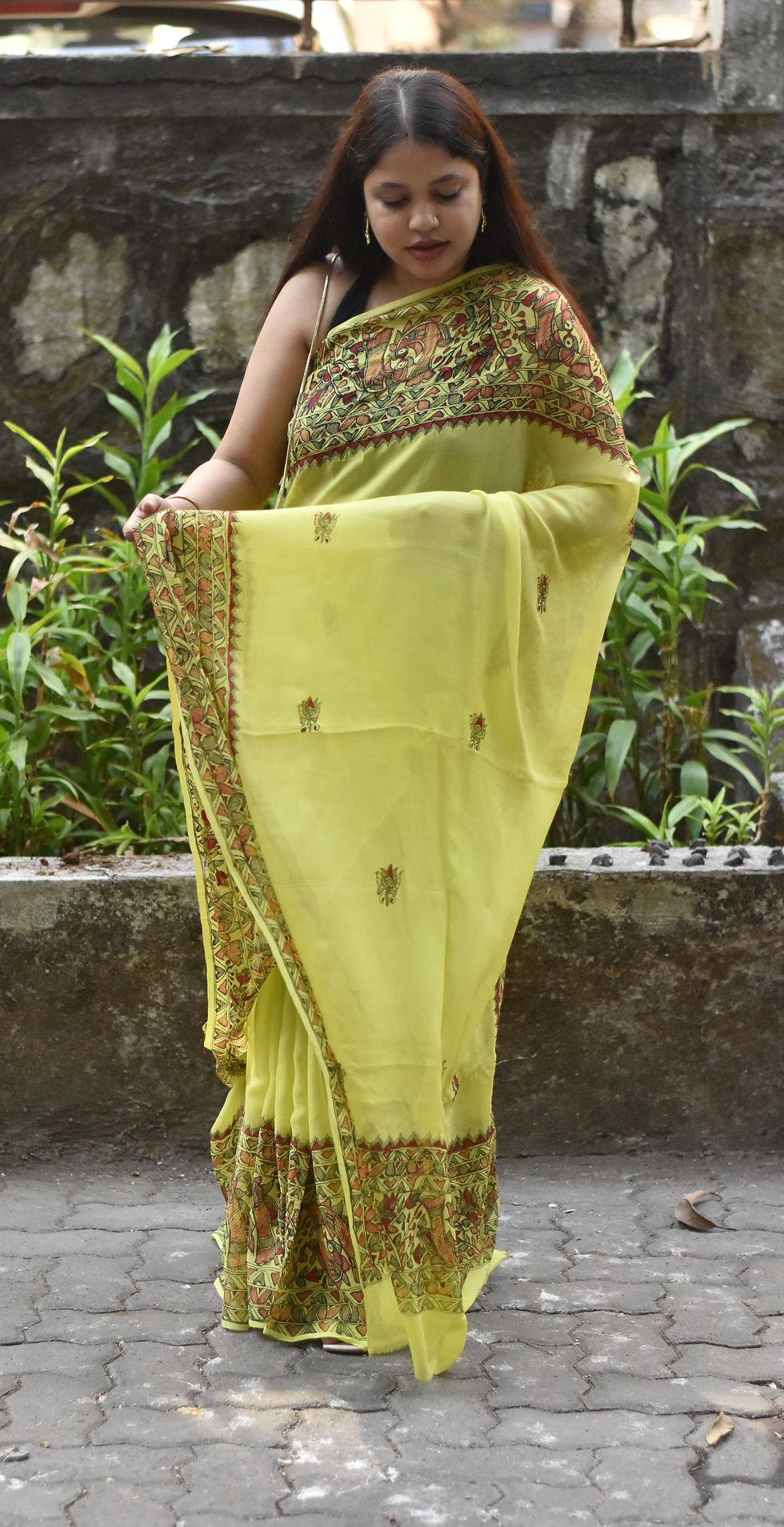 Thumbnail: Geetanjali Madhubani Harit Mor Chiffon Saree