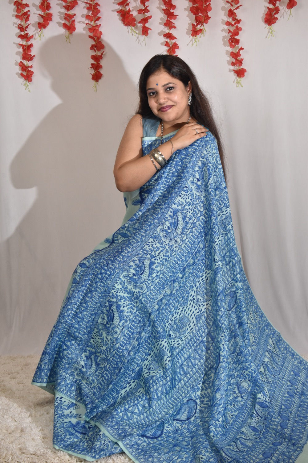 Turquoise : Handpainted Cotton Silk Saree with single hues of blue