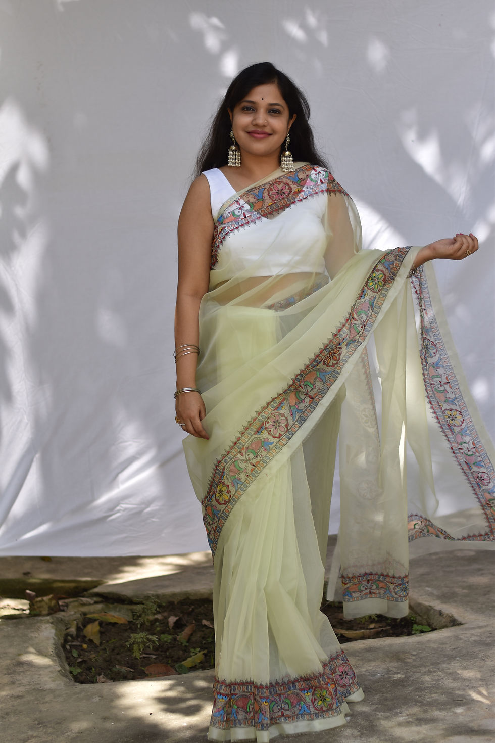 Thumbnail: Moonlight : Pista Organza Silk Madhubani Handpainted Saree