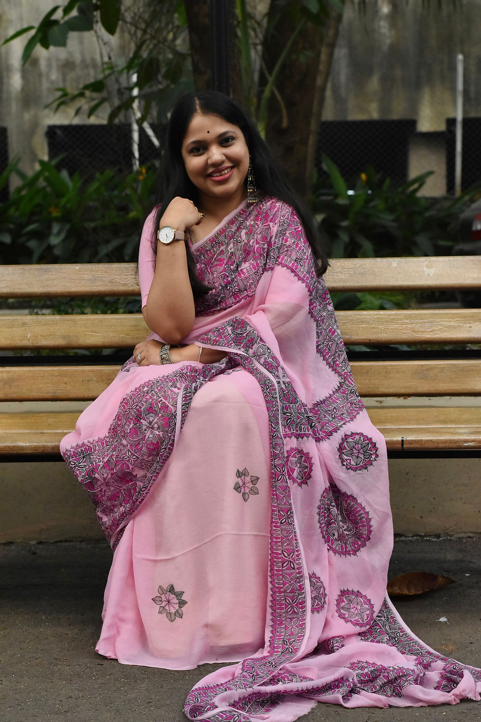 Thumbnail: Meen Gulabi Handpainted Madhubani Pink Chiffon Saree