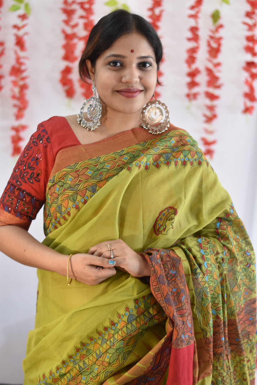 Thumbnail: Seher :Green & Red Handloom Taant Cotton Saree with Madhubani & Temple Border