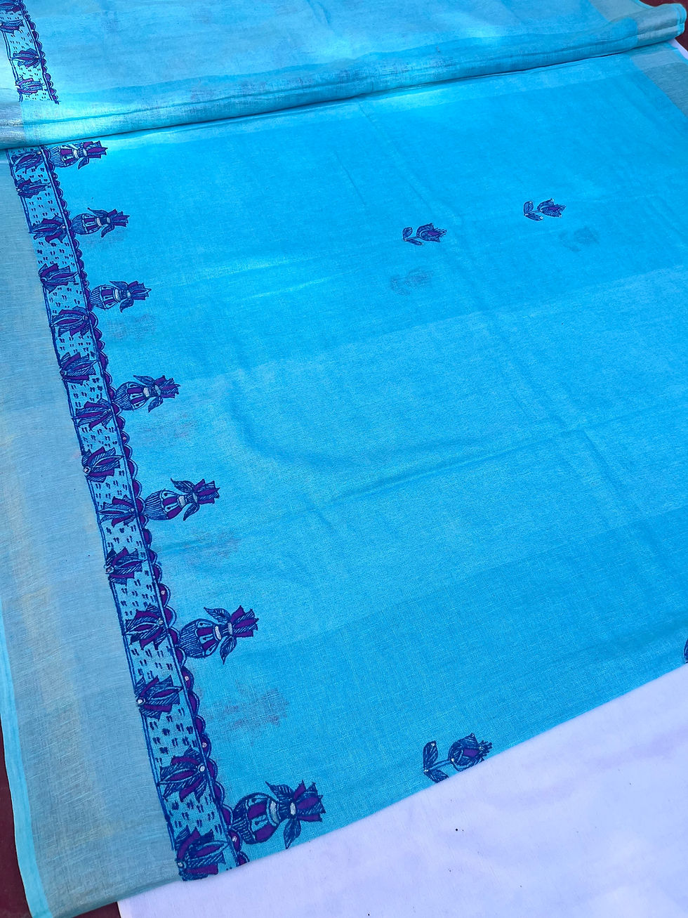 Thumbnail: Varuna : Handpainted Chhath Puja Madhubani Linen saree 