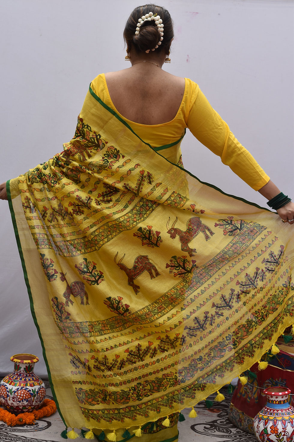 Thumbnail: Aam Panna : Yellow & Green Handpainted Madhubani Linen saree