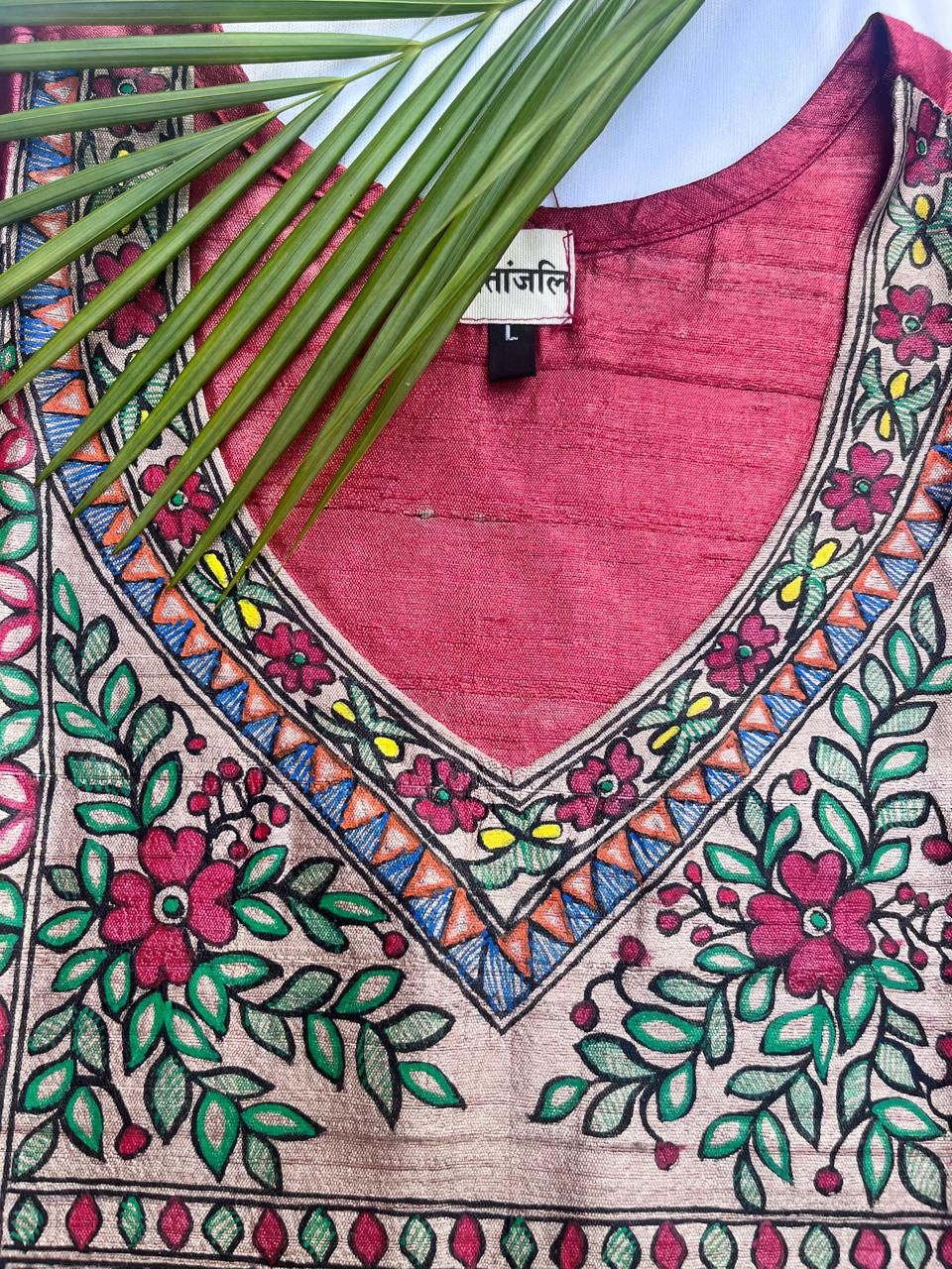 Thumbnail: Geetanjali Pushpa Vatika Handpainted Madhubani Tussar Silk suit with Dupatta