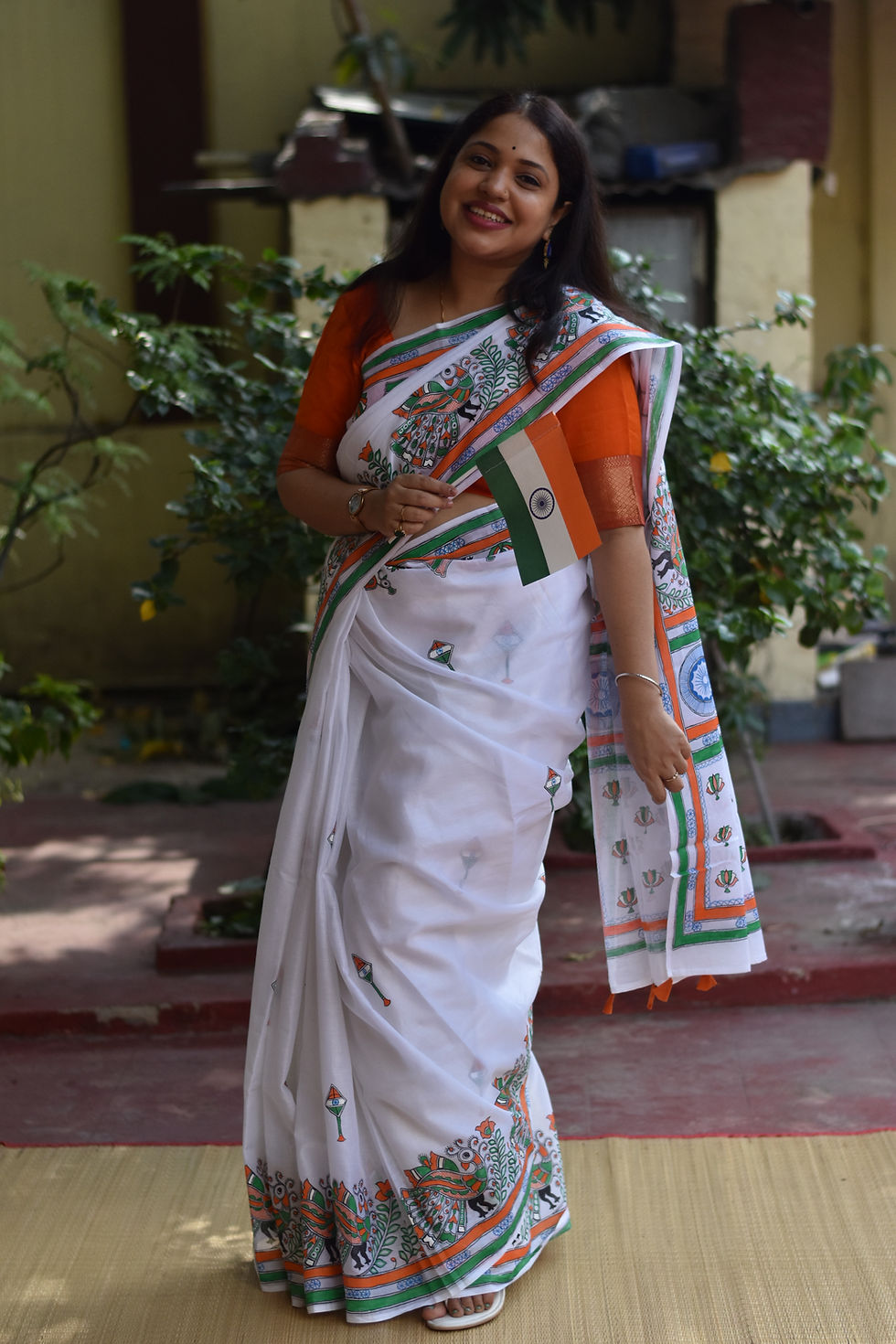 Thumbnail: ‘Swades’ Handpainted Madhubani Mul Cotton Tricolour Saree