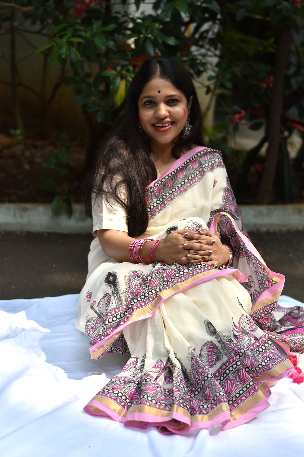 Thumbnail: Abeer 'Vrindavan Jhoola' Handpainted Madhubani Mul Cotton Saree