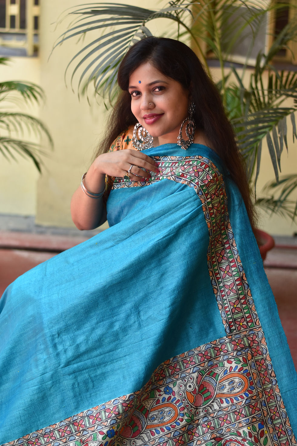 Thumbnail: Vat Savitri : Handpainted Madhubani Blue Tussar silk saree