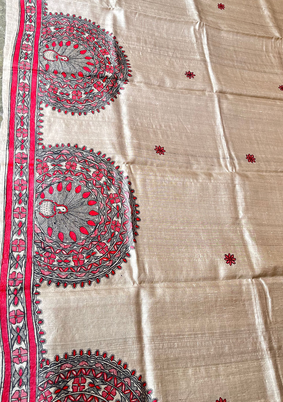 Thumbnail: Laal Gulab Dhara: Handpainted Madhubani Tussar Silk Saree