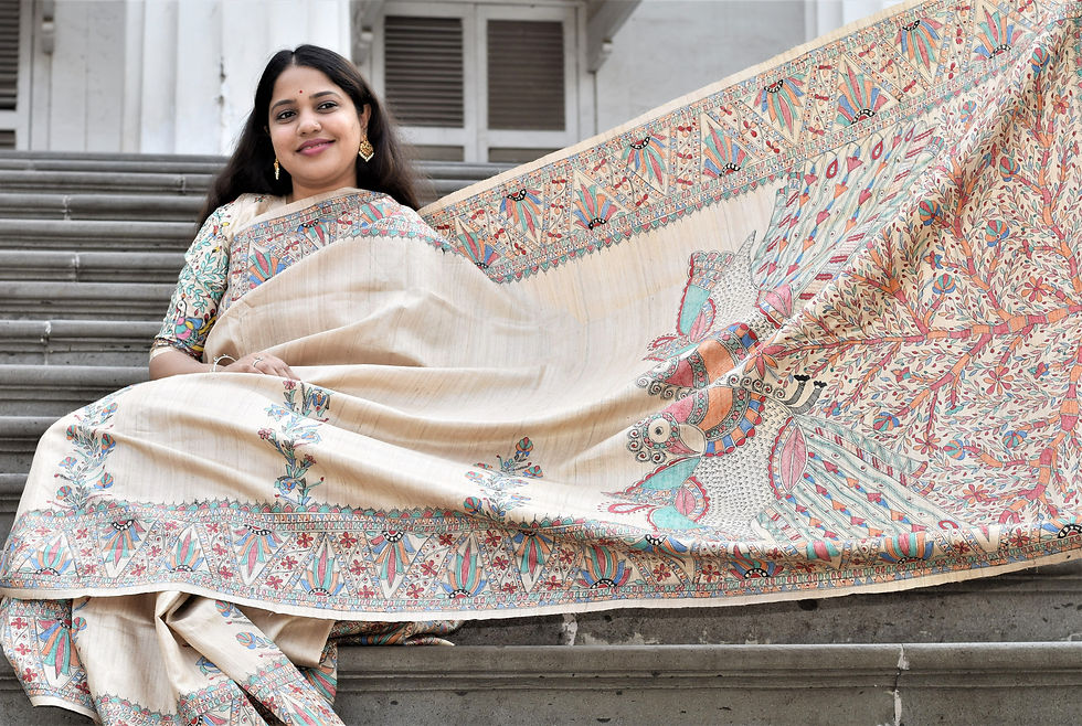 Thumbnail: Geetanajali ' Mumbai Mayuri' Handpainted Madhubani Tussar Silk Saree