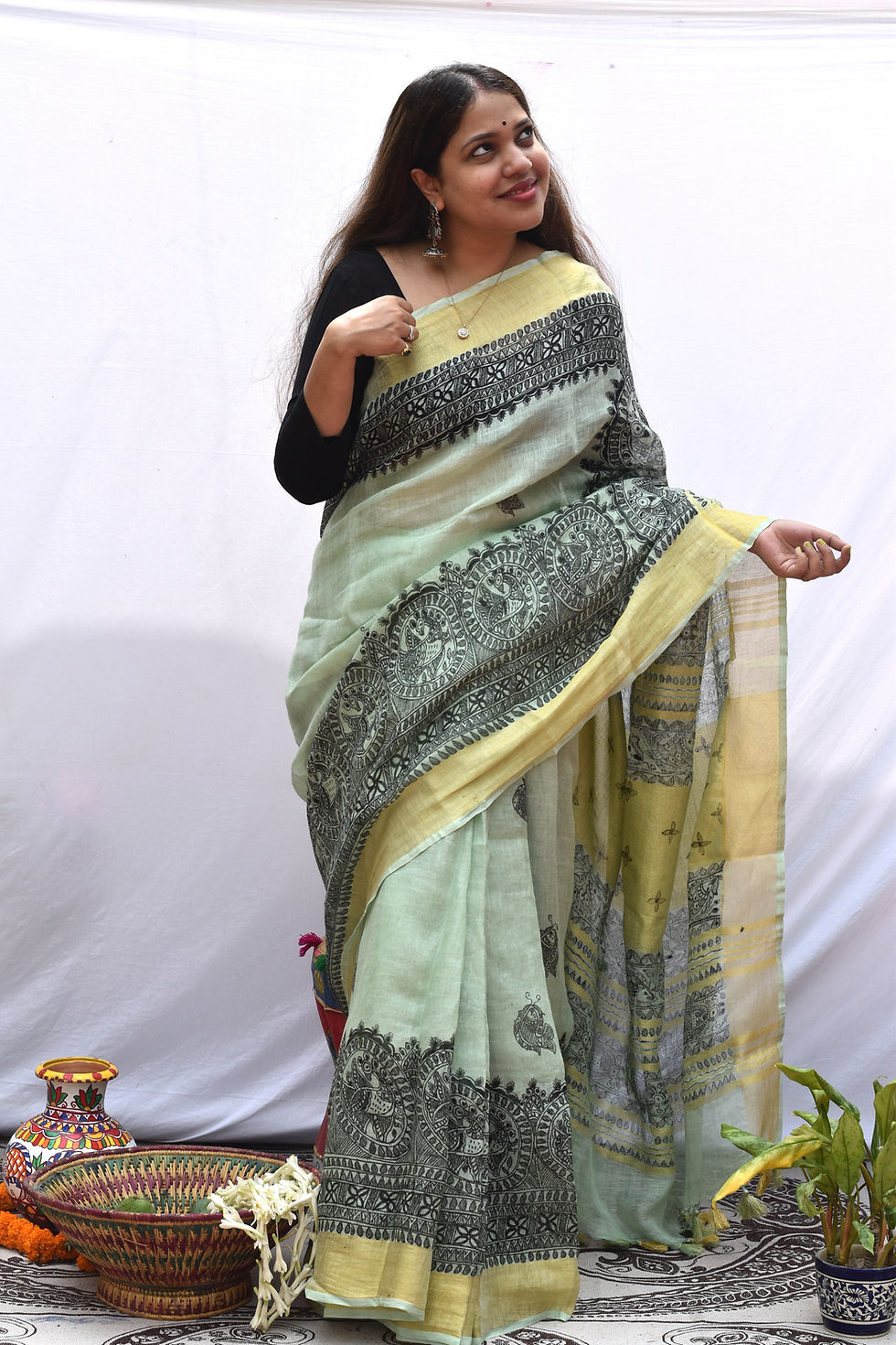 Thumbnail: Geetanjali 'Pista' Madhubani Handpainted Sea Green Linen Saree