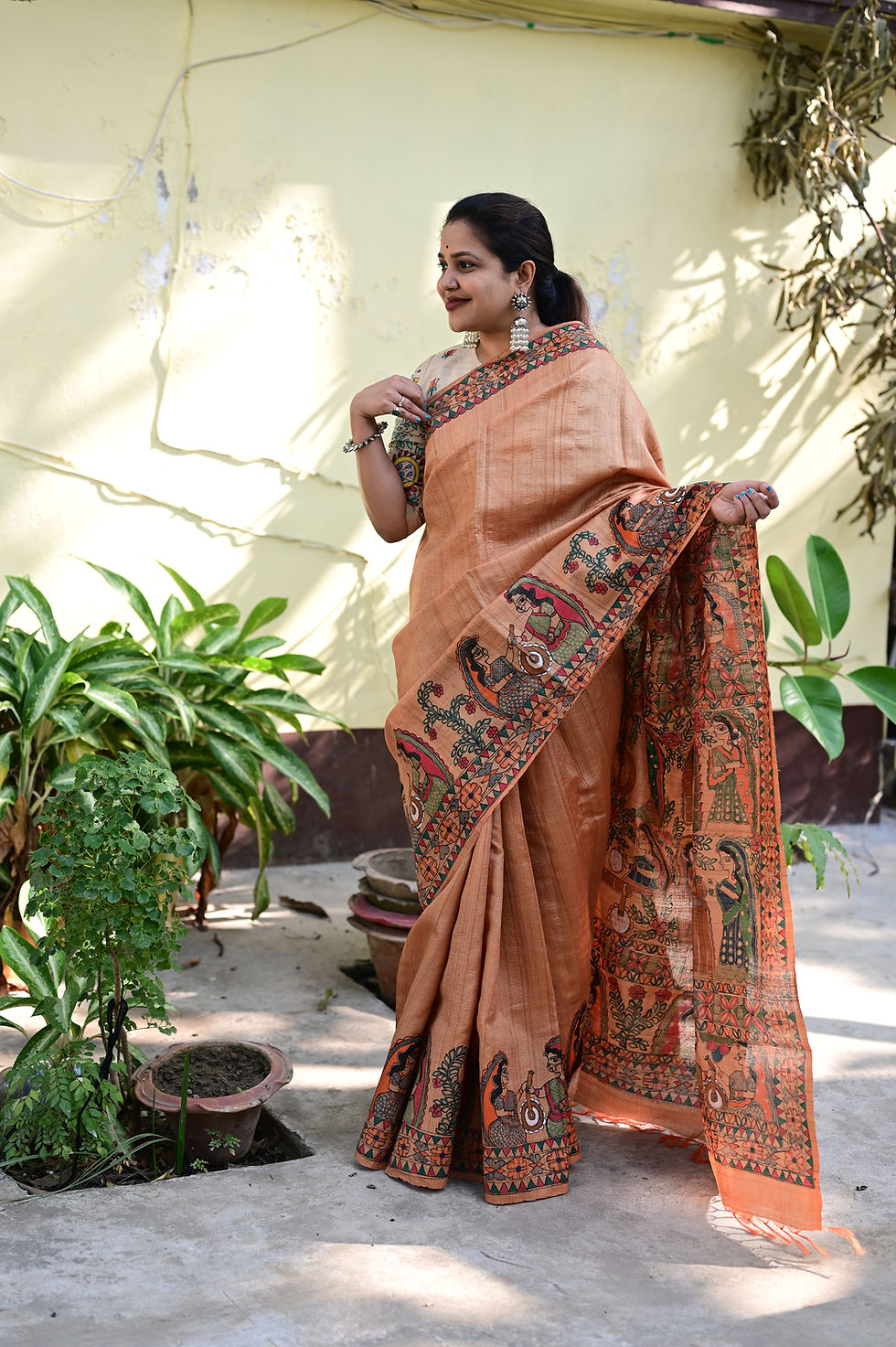 Thumbnail: Geetanjali 'Sienna' Madhubani Handpainted Rustorange Tussar Silk Saree