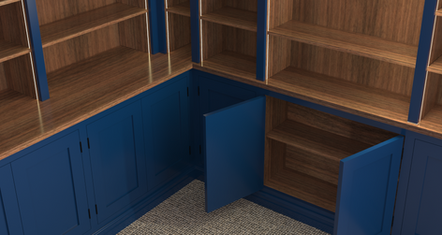 Corner view 3D render of custom library with integrated LED lighting.