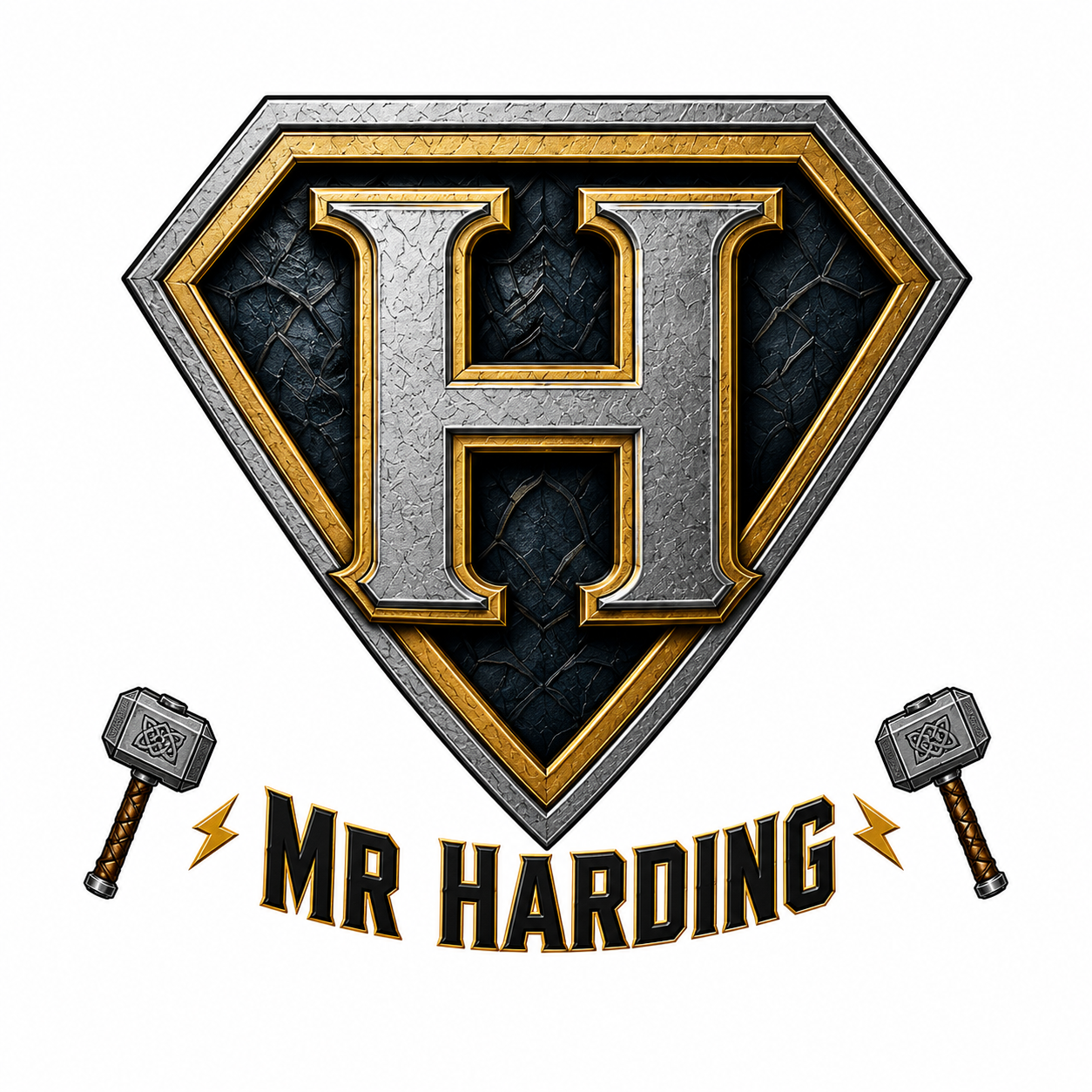 Mr Harding logo with H in a shield and hammers