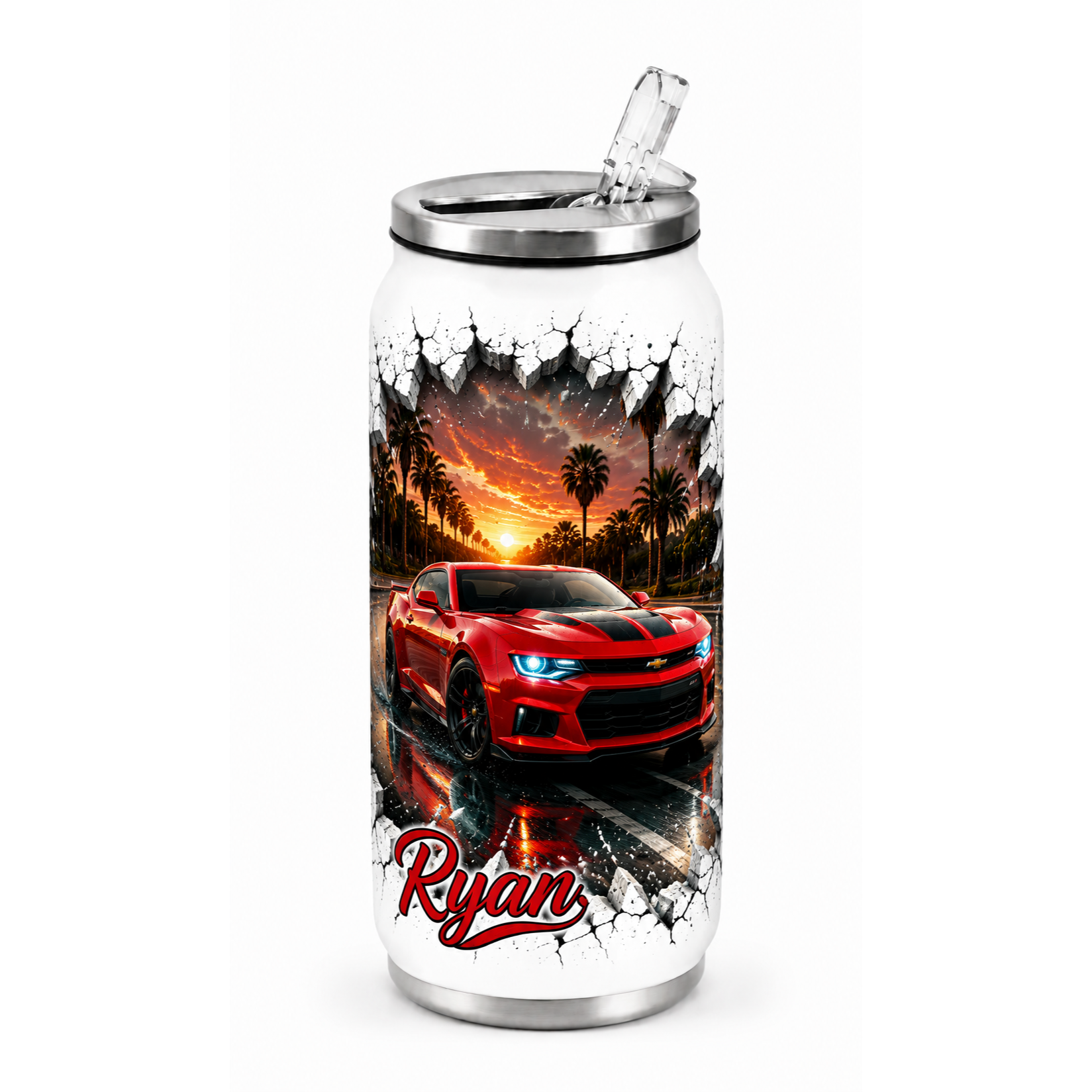 Personalized Ryan water bottle with a red sports car