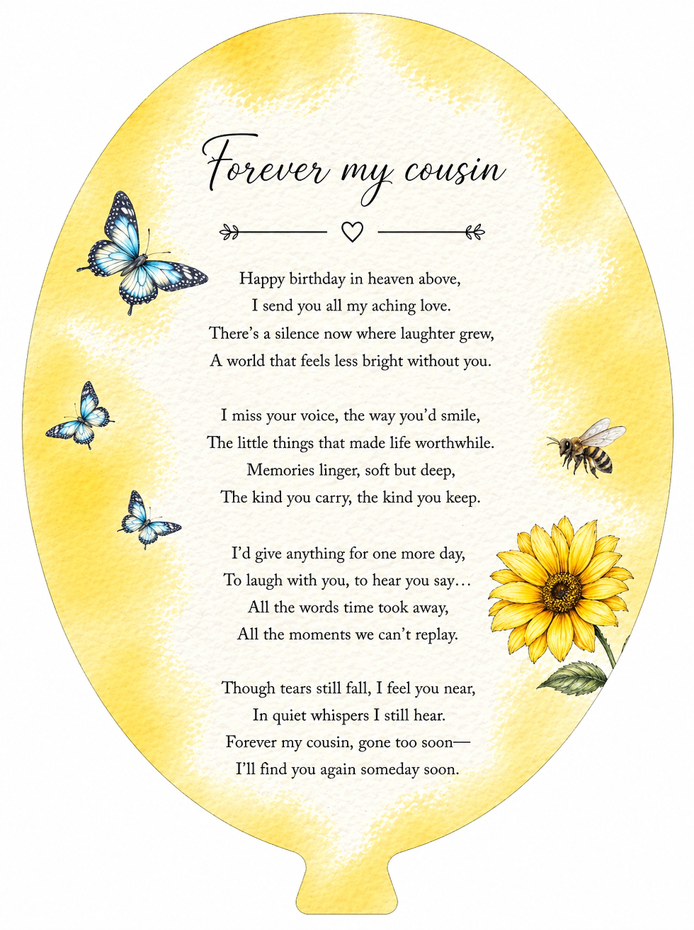 Thumbnail: Yellow balloon with 'Forever my cousin' poem