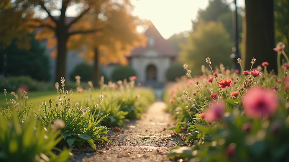 Eye-level view of a serene garden memorial with blooming flowers