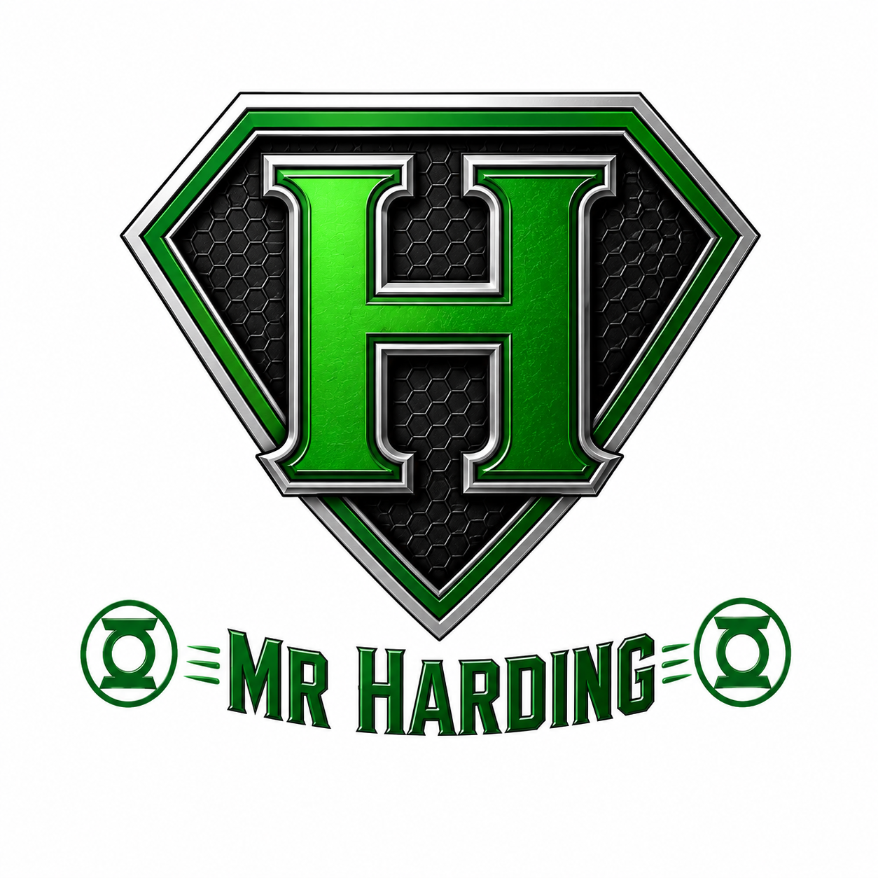 Green 'H' shield logo with Mr Harding text and Green Lantern symbols.