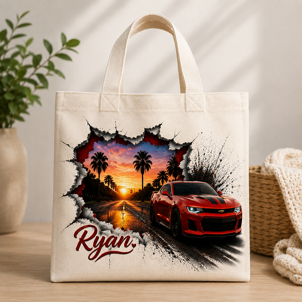 Thumbnail: BreakOut Fast Wheels tote bag with red sports car and Ryan.