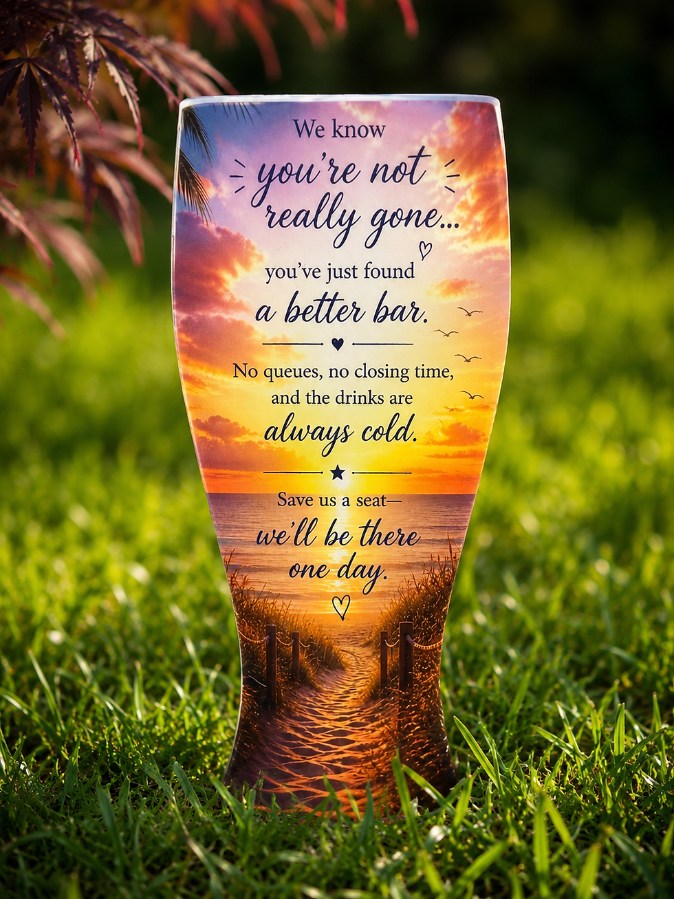 Memorial glass with sunset scene and remembrance message