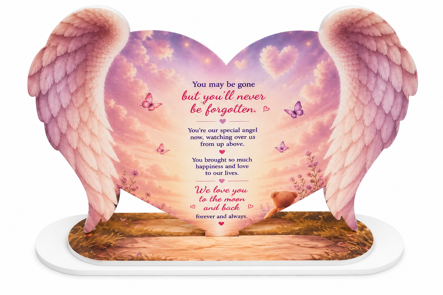 Heart plaque with angel wings, text: 'You may be gone but you'll never be forgotten.'