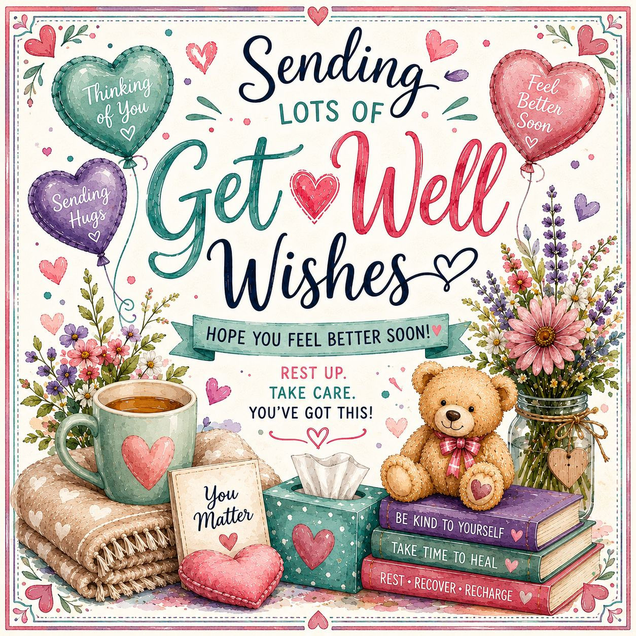 Get well wishes card with teddy bear, flowers, and tea.