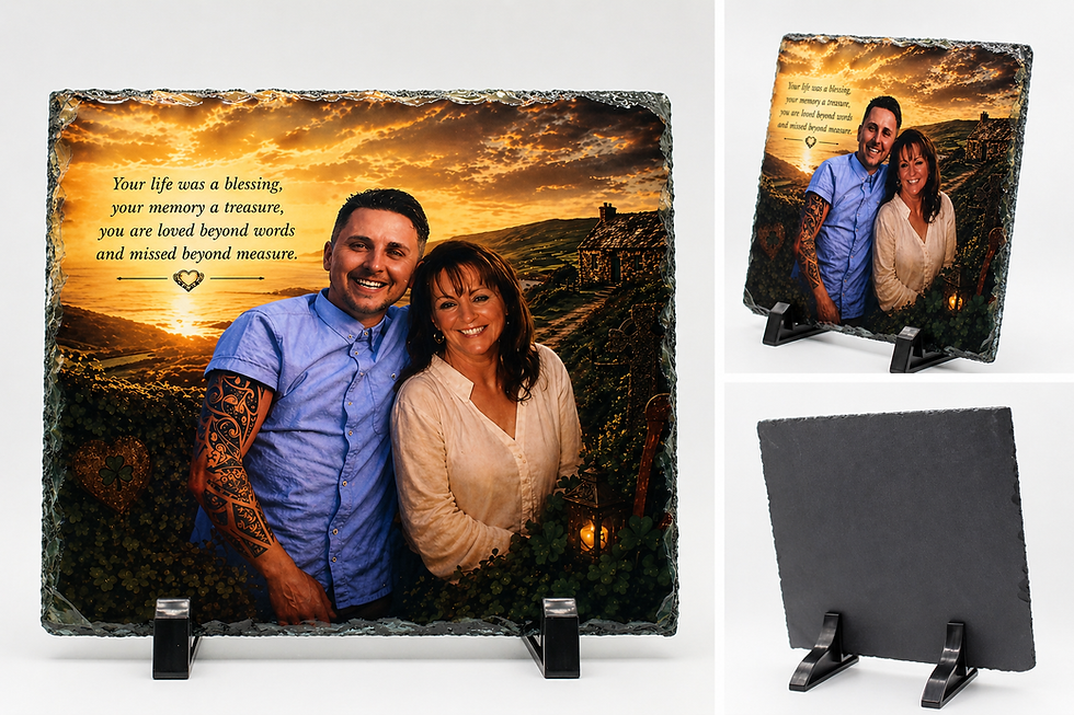 Memorial slate with photo and remembrance text