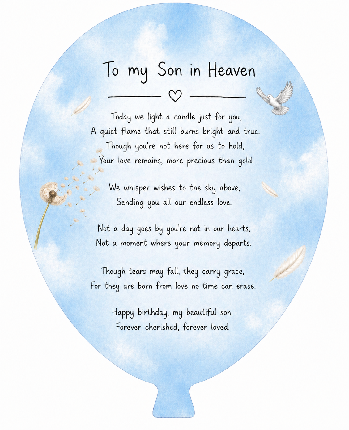 Balloon with poem: "To my Son in Heaven" about everlasting love and memory.