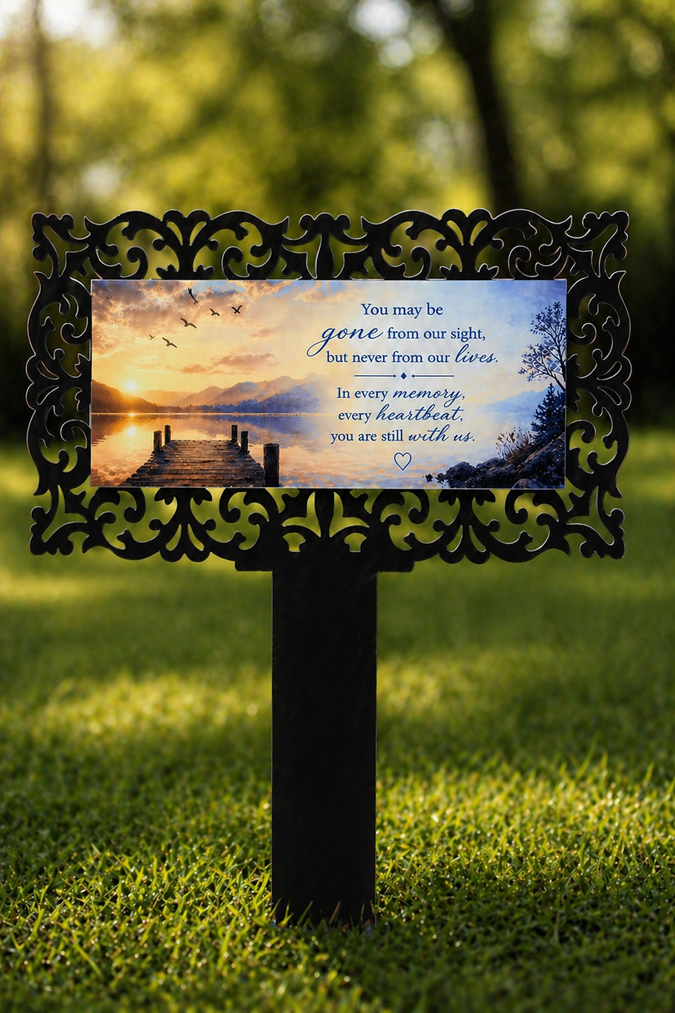 Thumbnail: Ornate memorial garden stake with sunset and remembrance poem.