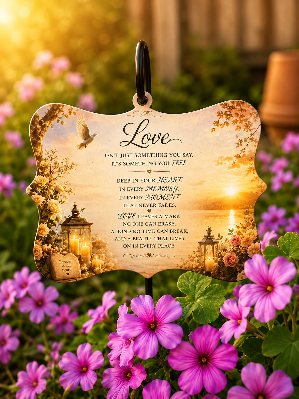 Plaque Looplet with 'Love' poem amidst pink garden flowers