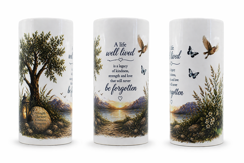 White memorial vase with nature scene and 'A life well lived' text