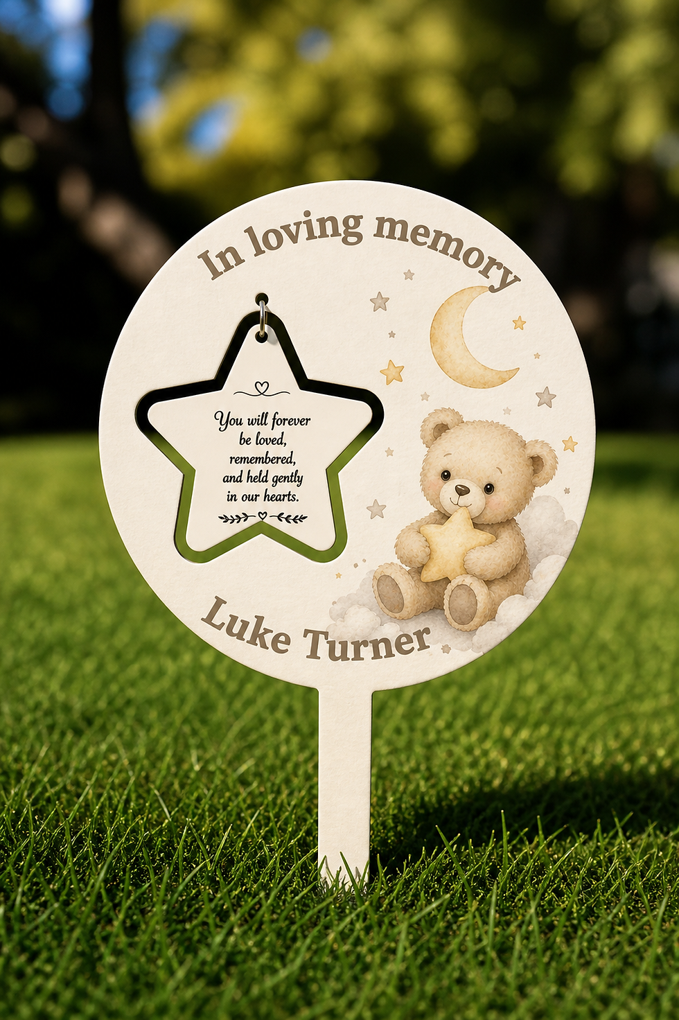 Thumbnail: Personalised memorial with 'In loving memory', a teddy bear, and stars design