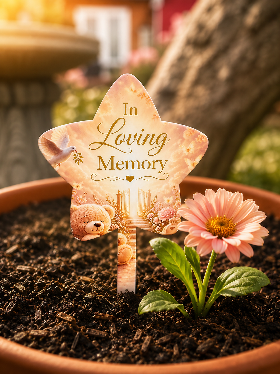 Thumbnail: Star-shaped 'In Loving Memory' stake with a pink flower.