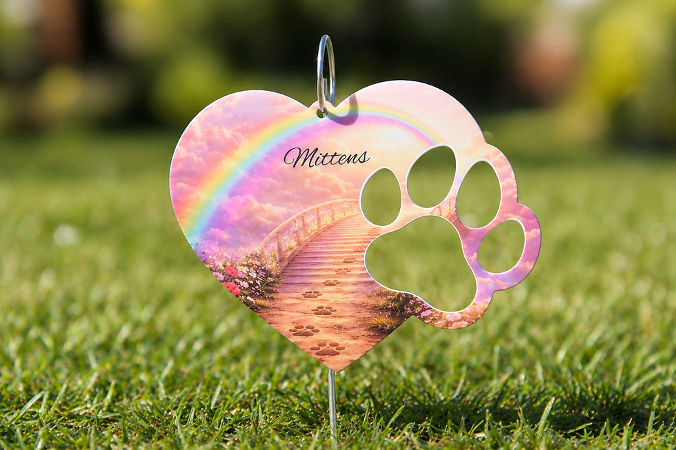 Heart memorial stake with rainbow, paw prints, 'personalised' with pets name