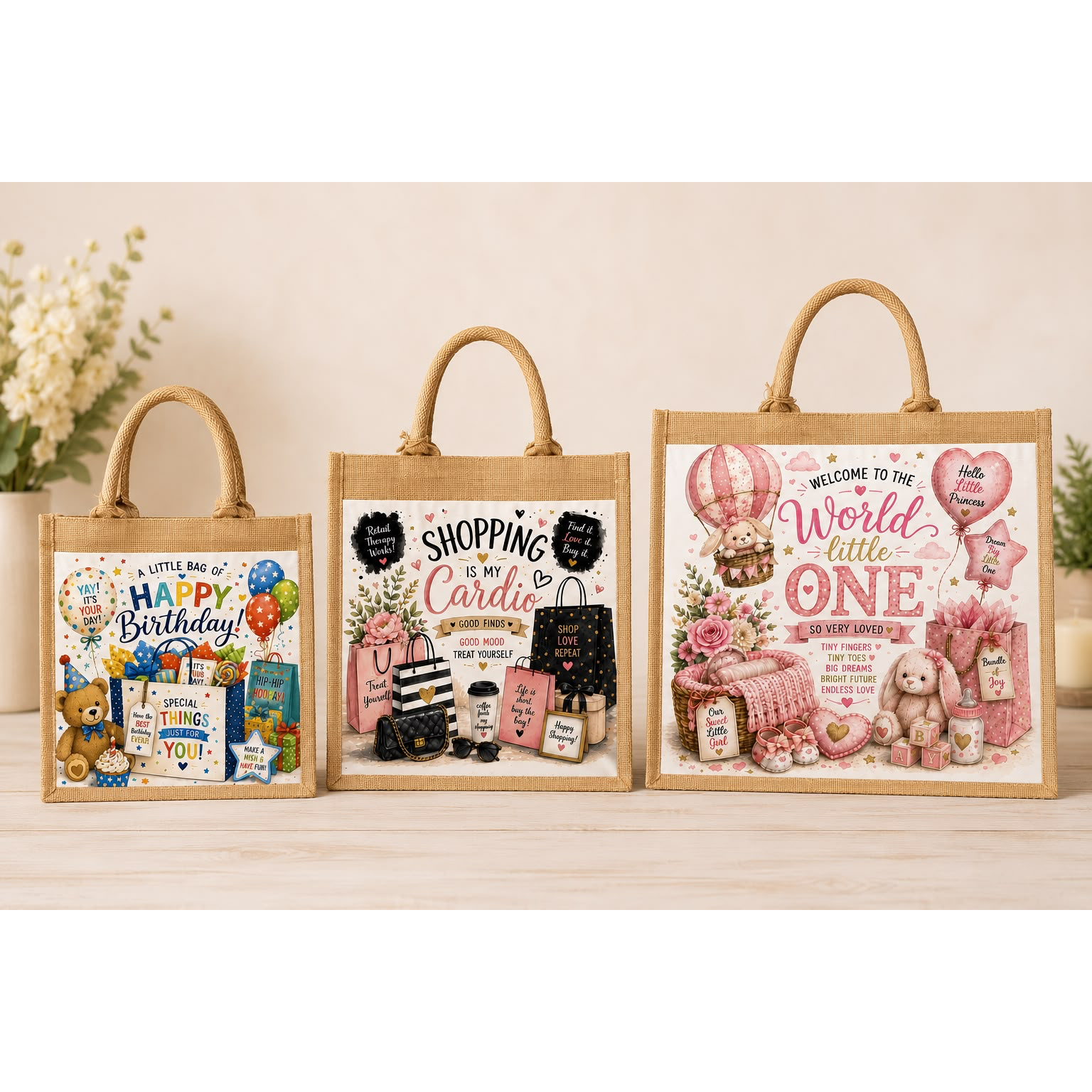 Three custom jute tote bags for birthday, shopping, and baby.