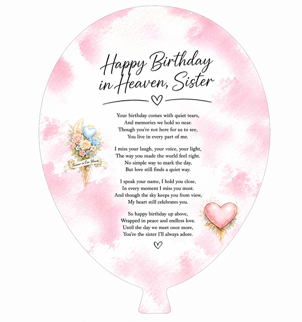 Thumbnail: Balloon shape: 'Happy Birthday in Heaven, Sister', a poem of remembrance