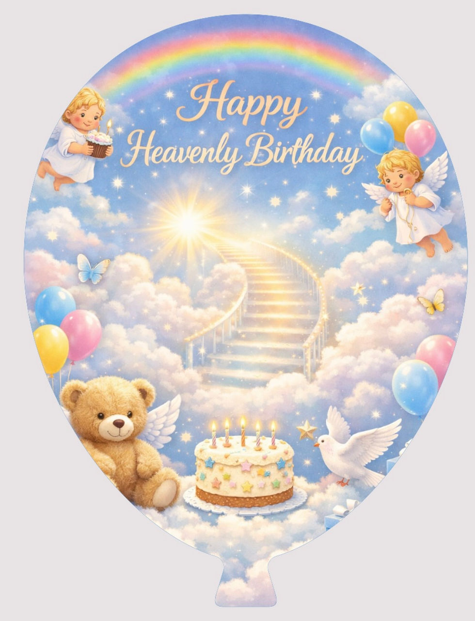 Thumbnail: Happy Heavenly Birthday balloon with angels, teddy bear, and cake