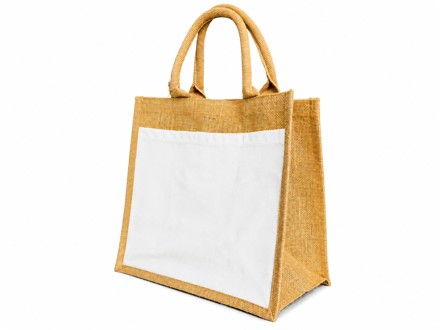 Small jute tote bag with a white front pocket canvas.