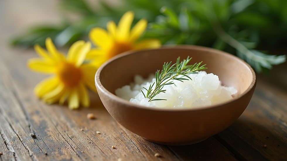 Close-up view of a bowl with natural herbal hair cleanser ingredients