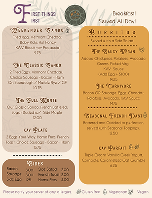 Breakfast Menu: "Kitch A Vibe 'First Things First' breakfast menu served all day, featuring the Weekender Sando and seasonal 