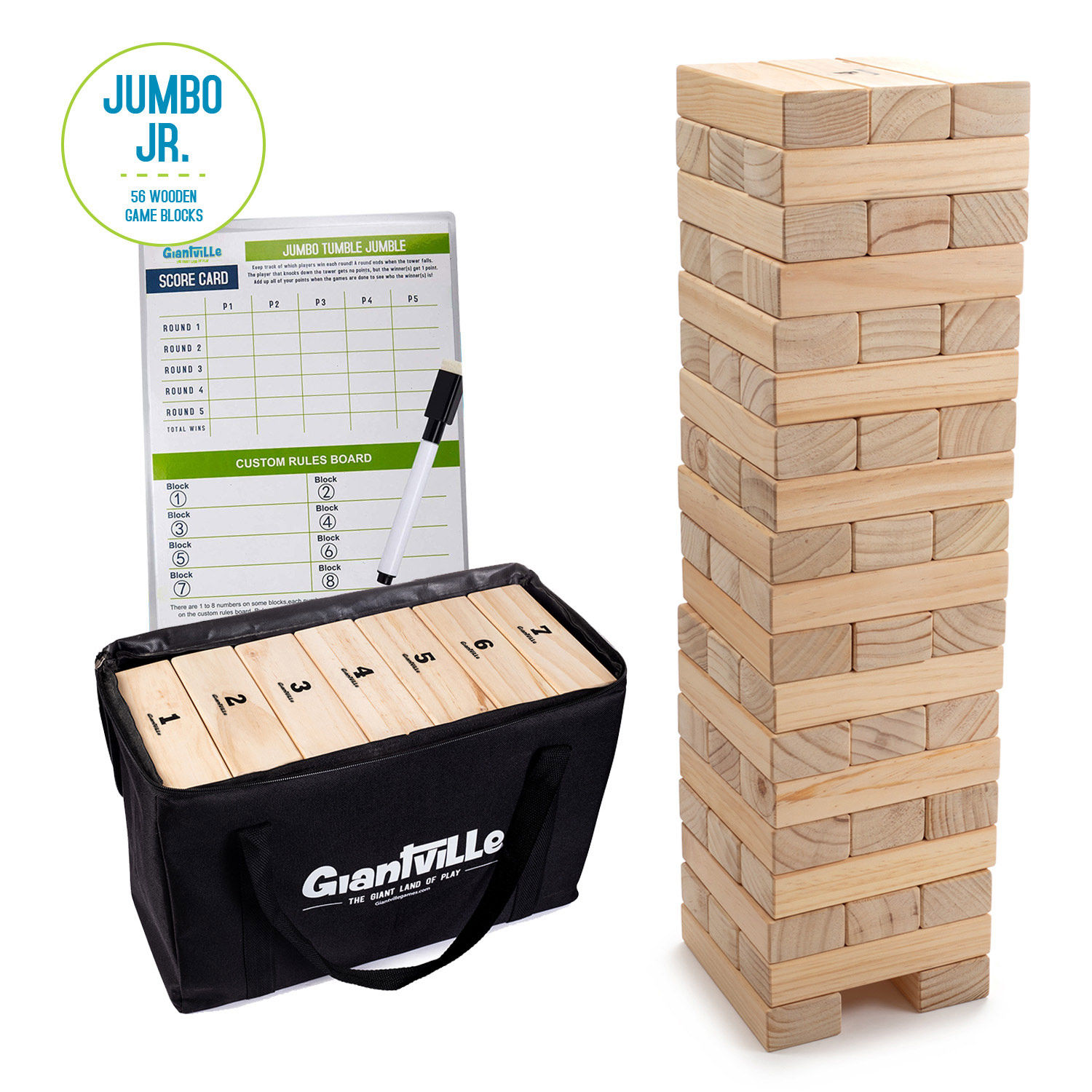 Giant Tumbling Timber Toy - 56 Jumbo Junior Wooden Blocks with Bag