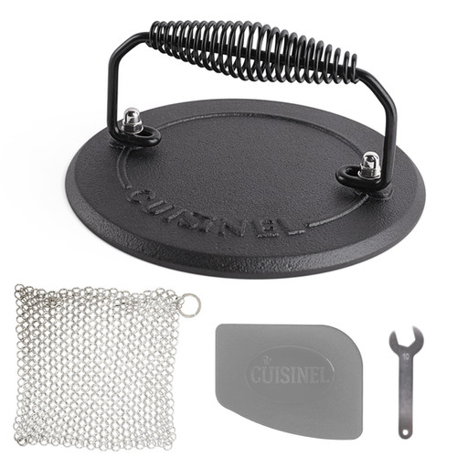 Cast Iron Round Grill Press + Chainmail Scrubber + Scraper Cuisinel