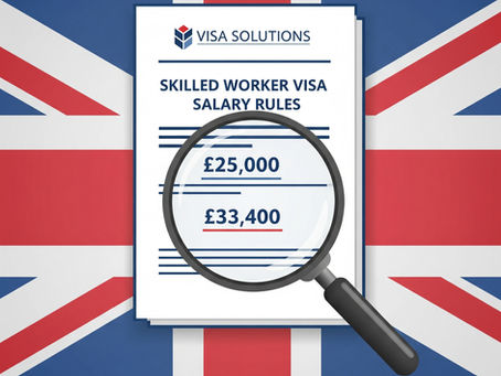 A professional, clean graphic featuring a stylized UK flag motif. In the foreground, a magnifying glass is focused on a document titled 'Skilled Worker Visa Salary Rules'. The magnifying glass highlights the figures '£25,000' and '£33,400'.