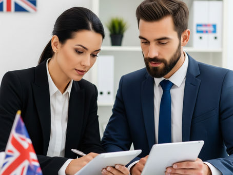 A clear, professional image depicting two business people (one possibly representing an employee, the other an employer or legal advisor) looking at documents or a tablet with a subtle background featuring elements of the UK flag or a generic office setting. 