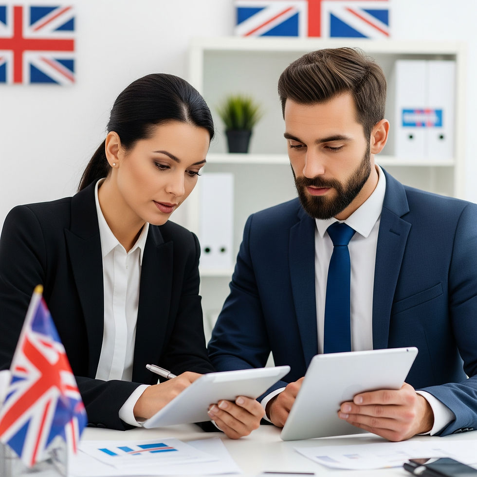 A clear, professional image depicting two business people (one possibly representing an employee, the other an employer or legal advisor) looking at documents or a tablet with a subtle background featuring elements of the UK flag or a generic office setting. 