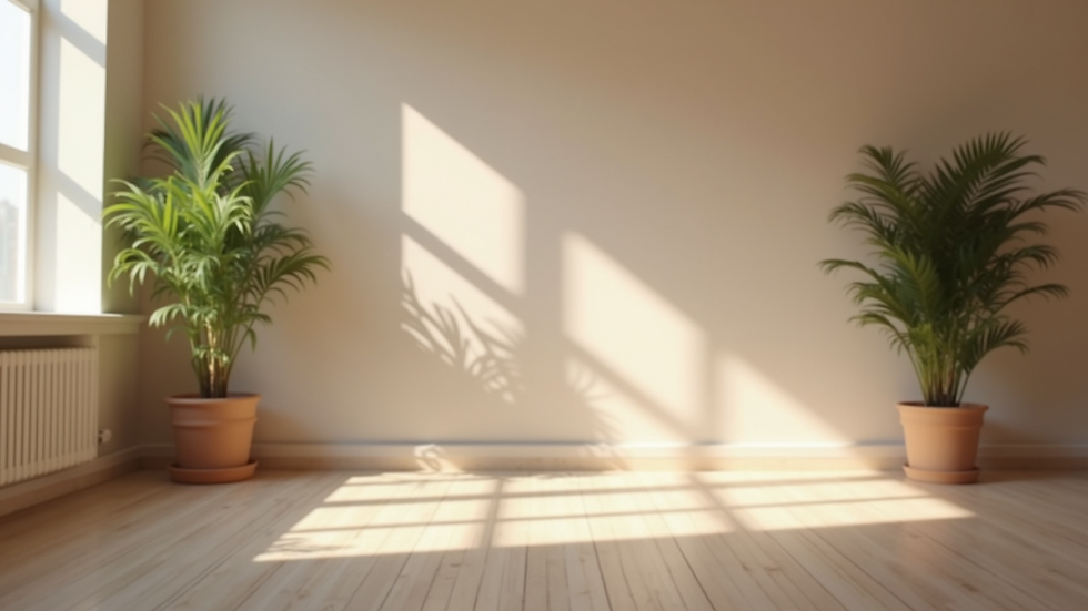Eye-level view of a serene yoga studio with soft natural light