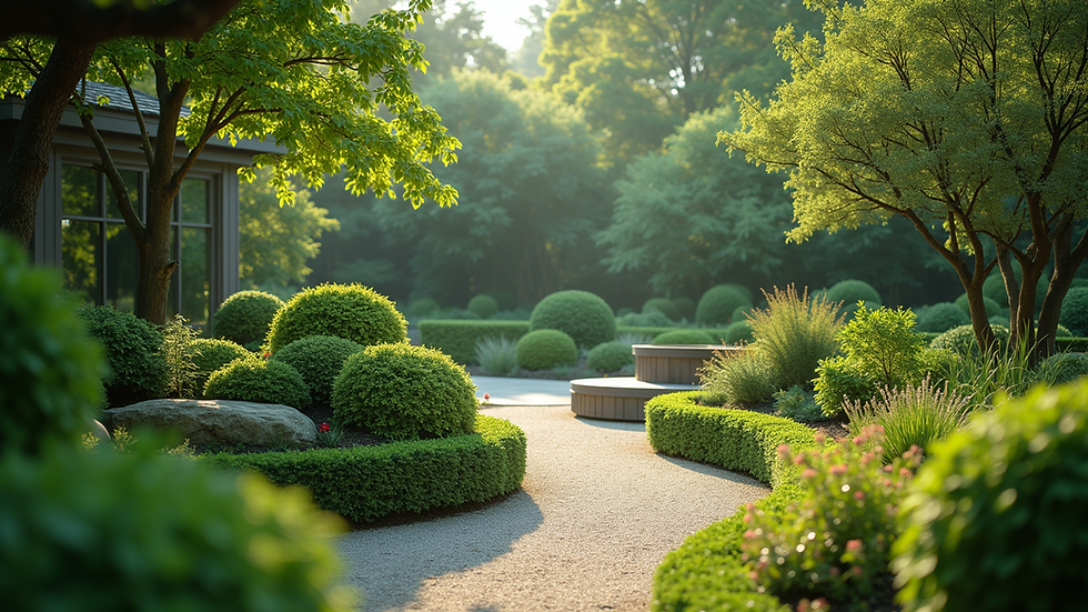 Eye-level view of a serene outdoor space with a tranquil garden