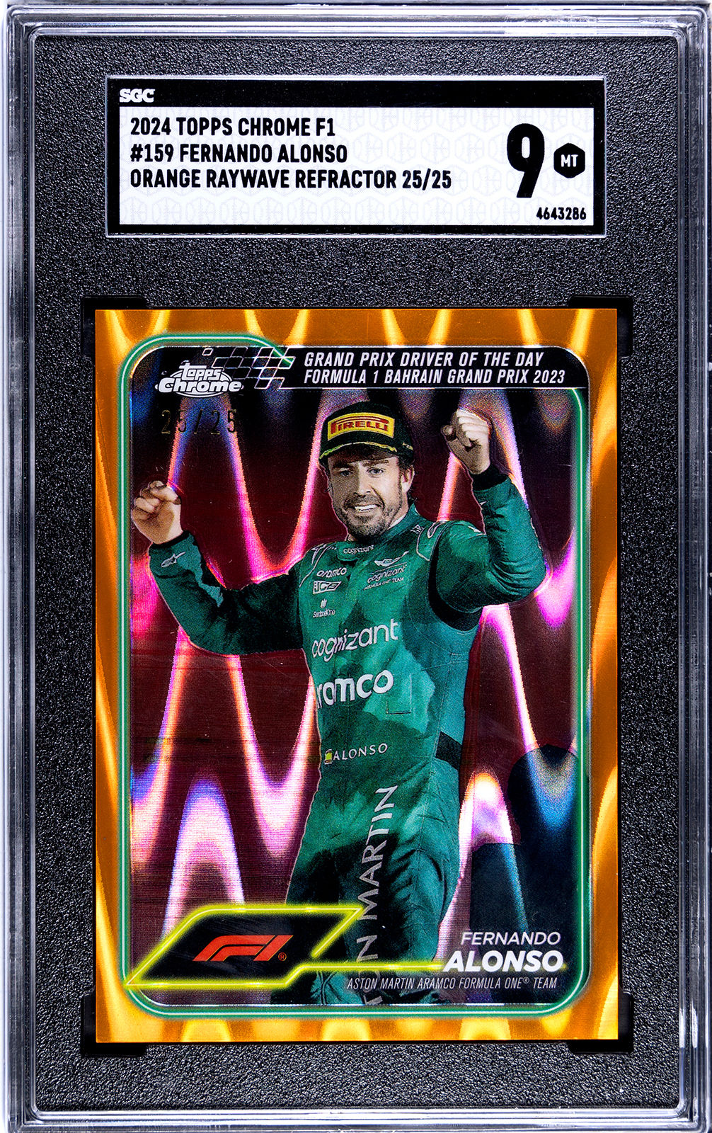 Fernando Alonso 2024 Topps Chrome Orange RayWave Refractor /25 SGC 9